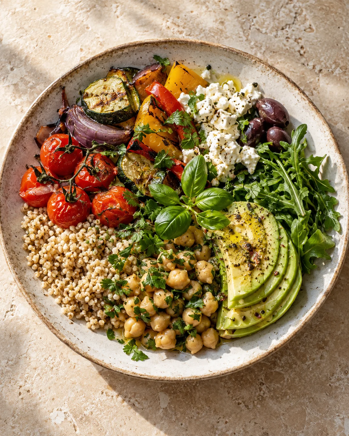 Prato colorido com vegetais, cereais e ervas frescas